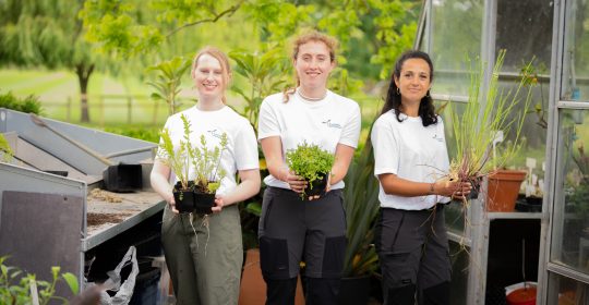 Freshwater Habitats Trust staff hold seedlings being grown for the GroWet project outside a greenhouse at Oxford Botanic Garden.